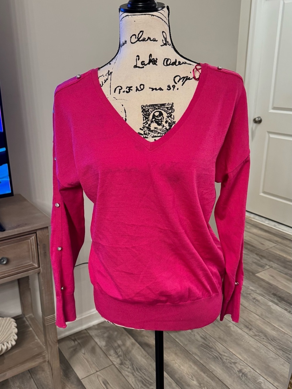 INC International Concepts Hot Pink V-Neck Sweater with Stud Detail